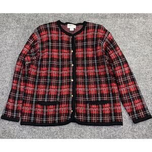 VTG Empress Women's L Red Plaid Gold Button Up Cardigan Preppy Classic Holidays